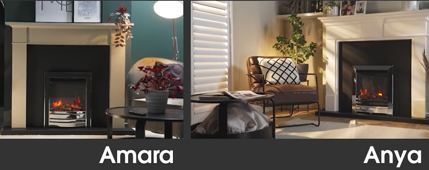 Three images of fireplaces labeled 'Amara' and 'Anya' with decorative elements.