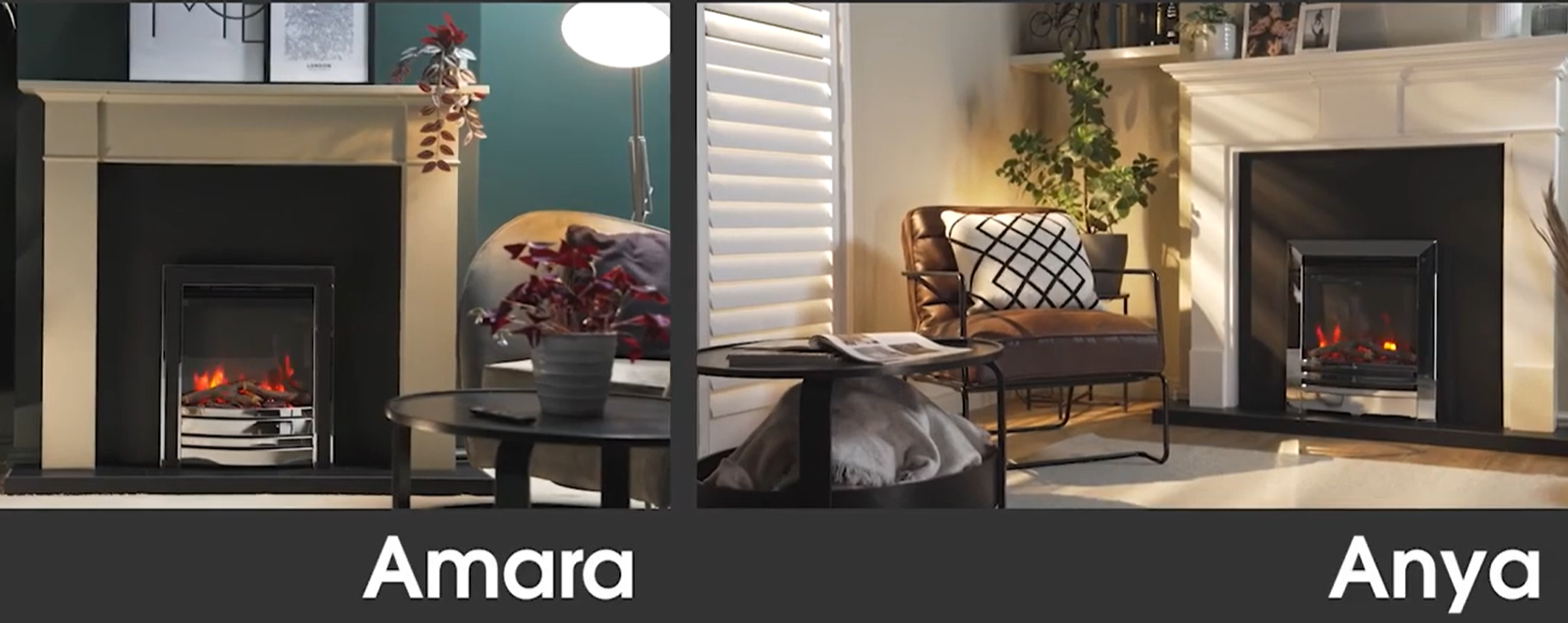 Three images of fireplaces labeled 'Amara' and 'Anya' with decorative elements.