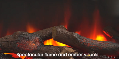 Close-up of burning wood with flames and embers, labeled 'Spectacular flame and ember visuals'.