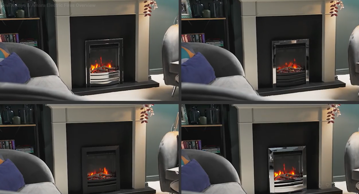 Collage of FireFx fireplaces with a blue pillow on a chair in a room setting.