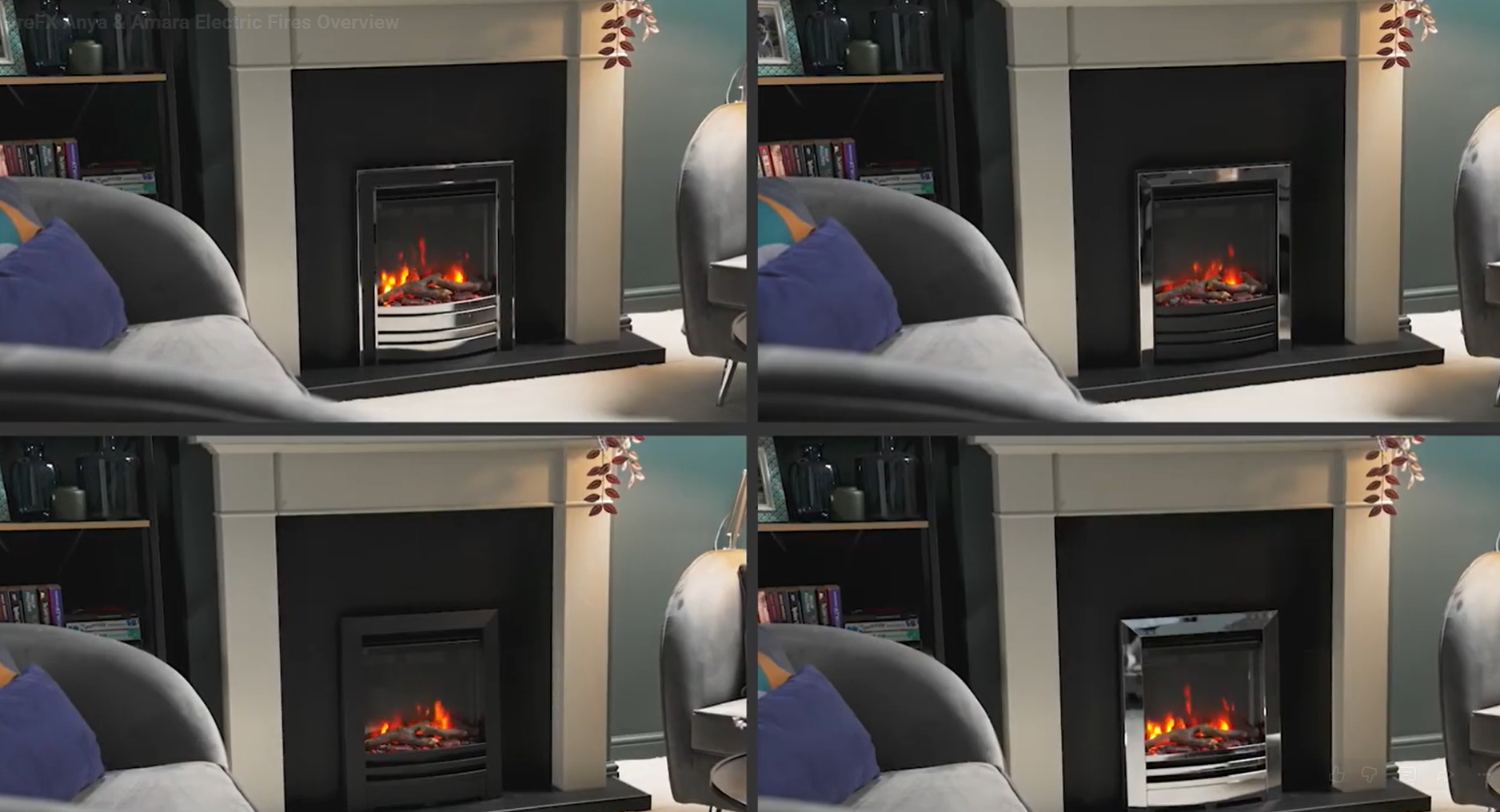 Collage of FireFx fireplaces with a blue pillow on a chair in a room setting.