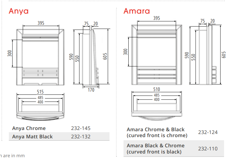 Technical drawings of 'Anya' and 'Amara' with dimensions and color options on a white background.