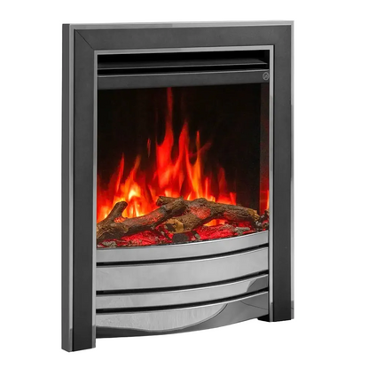 Amara Black and Chrome Electric fireplace insert with glowing flames and logs on a white background