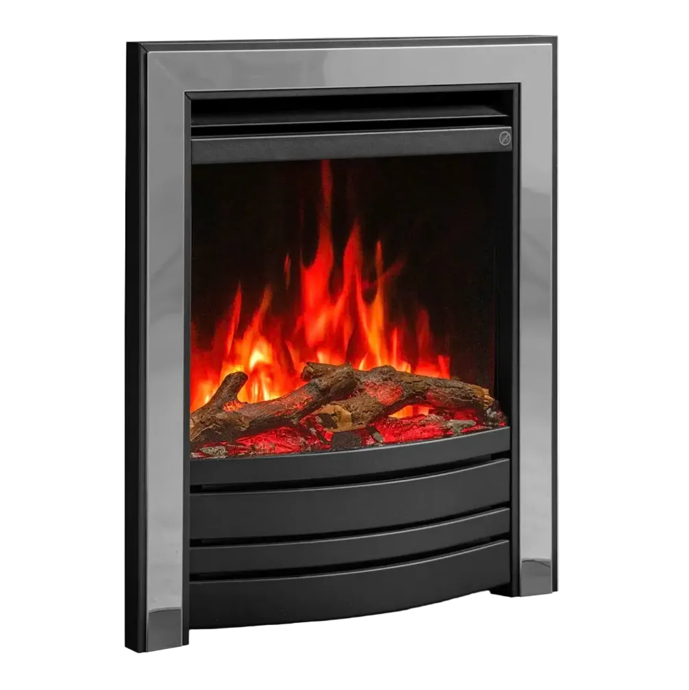 Amara Steel and Black Electric fireplace insert with glowing logs and flames on a white background