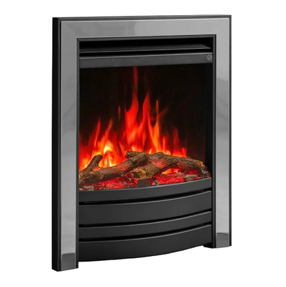 Amara Steel and Black Electric fireplace insert with glowing logs and flames on a white background