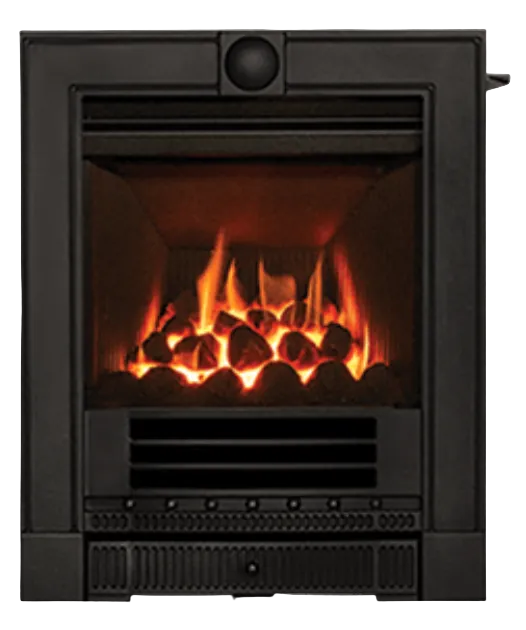 Black Gazco Logic He Winchester electric fireplace insert with glowing embers and flames on a white background