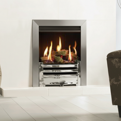 Gazco Logic HE Balanced Flue Log Effect Gas Fire with Brushed Steel Frame