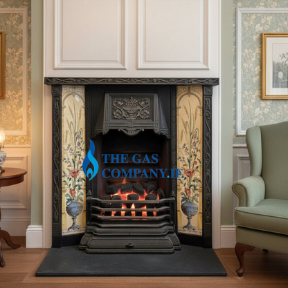 A 16" gas fireplace insert with a black metal grate and glowing orange flames, set within a decorative fireplace surround featuring floral panels. The scene is styled in a classic living room with a green armchair, patterned wallpaper, and a rug.