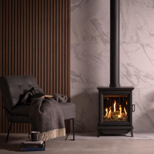 Gazco Sheraton 5 Balanced Flue Gas Stove with accoustic panel wall feature and marble panel