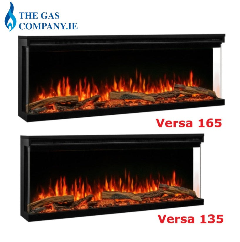 Two black linear Atmos Fire FX Versa Range electric fireplace inserts shown on a white background, each with faux logs and orange-red flame effect. The top unit is labeled Versa 165 and the bottom unit Versa 135 in red text.
