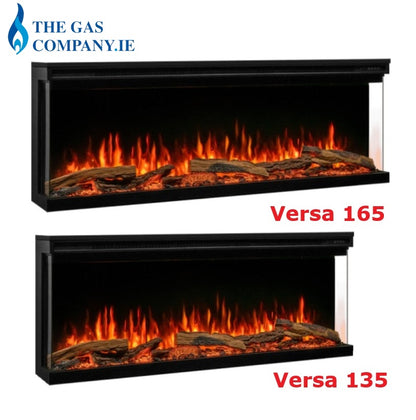 Two black linear Atmos Fire FX Versa Range electric fireplace inserts shown on a white background, each with faux logs and orange-red flame effect. The top unit is labeled Versa 165 and the bottom unit Versa 135 in red text.