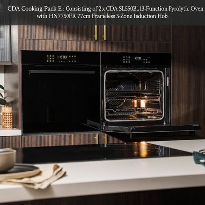 CDA Cooking Pack E  : CDA SL550BL 13-Function Pyrolytic Oven with HN7750FR 77cm Frameless 5-Zone Induction Hob Open door Light on with trays