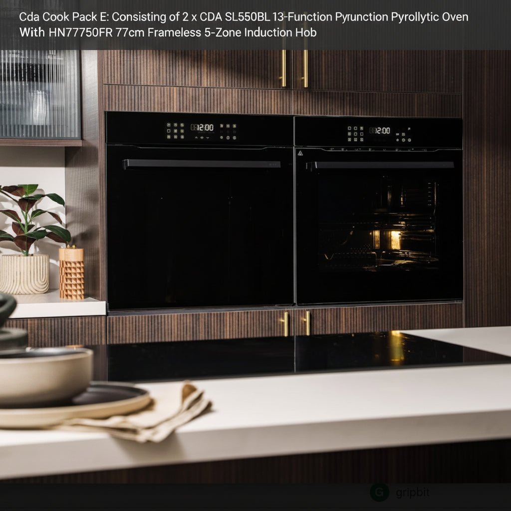 CDA Cooking Pack E  : CDA SL550BL 13-Function Pyrolytic Oven with HN7750FR 77cm Frameless 5-Zone Induction Hob Closed door Light on