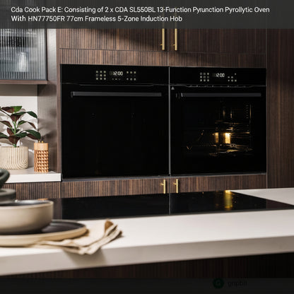 CDA Cooking Pack E  : CDA SL550BL 13-Function Pyrolytic Oven with HN7750FR 77cm Frameless 5-Zone Induction Hob Closed door Light on