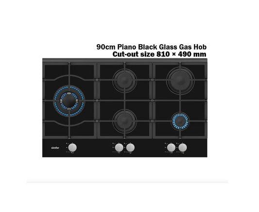 TGCSIMH9G Black Glass 5 Burner Gas Hob 90 cm (Next Day Delivery Shipping)