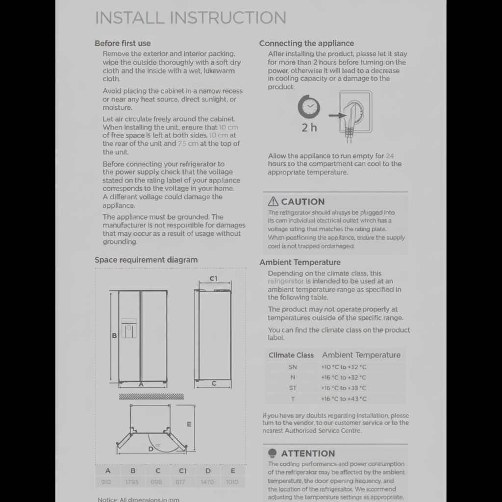 An instruction sheet for a refrigerator showing installation and usage information, including a space diagram, connection instructions, and climate class temperature guidelines. 