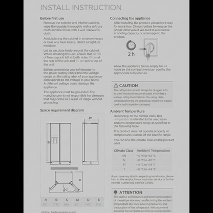 An instruction sheet for a refrigerator showing installation and usage information, including a space diagram, connection instructions, and climate class temperature guidelines. 