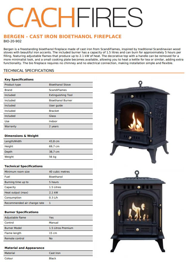 Scandi-Flame Bergen Small Cast Iron Bioethanol Flueless Real Fire Flame Stove