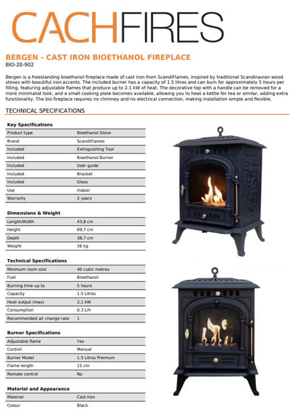 Scandi-Flame Bergen Small Cast Iron Bioethanol Flueless Real Fire Flame Stove