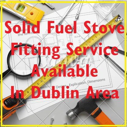 Tools and blueprints with text about solid fuel stove fitting service in Dublin area