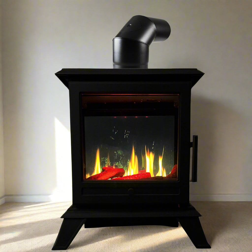 Trance 500 Electric Stove & Pipe in Matt Black Real Log Video-Play Flame Effect (From March 2025)