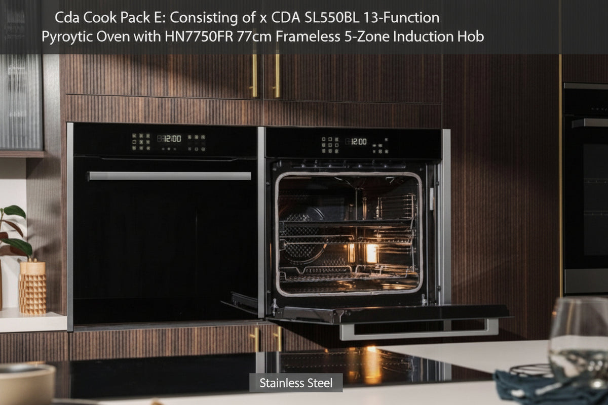 Premium CDA Built-In Kitchen Appliance Pack E: 2 by 13-Function Pyrolytic Ovens with Frameless 5-Zone Induction Hob - in stainless steel finish