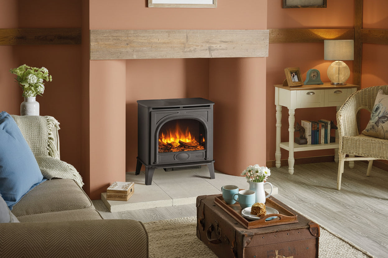 A black wood-burning Electric Stockton2 Stove Electric fireplace setting with a glowing orange and yellow fire, set in a cozy, neutral-toned living room with a sofa, side table, and wicker chair.