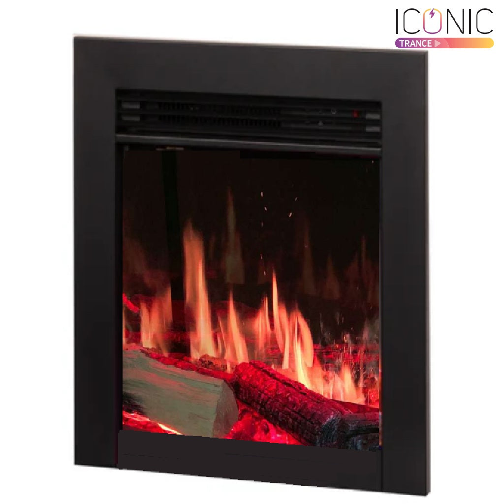 Black electric fireplace insert with flames on a white background, featuring the Heat Design Iconic Trance 400 ultra realistic framed electric fire
