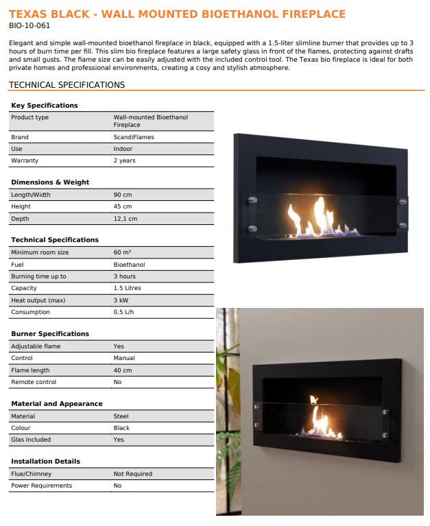 Scandi-Flame Alamo Texas Black Wall-Mounted Bioethanol Wall Fire
