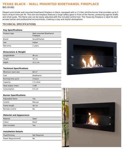 Scandi-Flame Alamo Texas Black Wall-Mounted Bioethanol Wall Fire