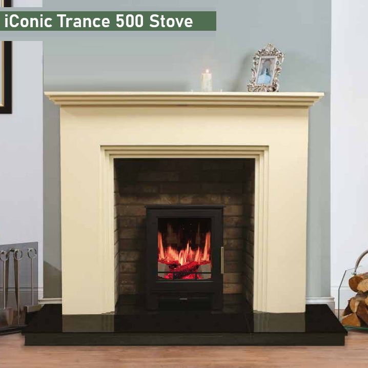 Trance 500 Electric Stove & Pipe in Matt Black Real Log Video-Play Flame Effect
