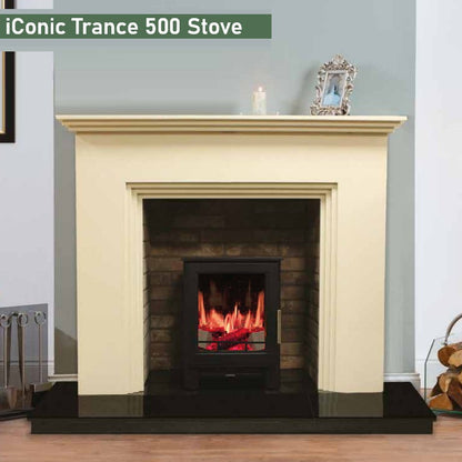 Trance 500 Electric Stove & Pipe in Matt Black Real Log Video-Play Flame Effect
