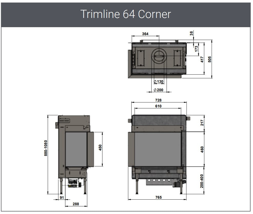 Trimline TL64-2L Left Hand Corner Gas Fire Balanced Flue with Burning Logs & Black Glass Liners.