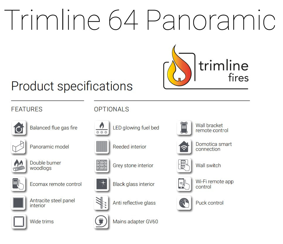 Trimline TL64-3 Panoramic 3 Sided Gas Fire Balanced Flue, Burning Logs & Black Glass Liners.
