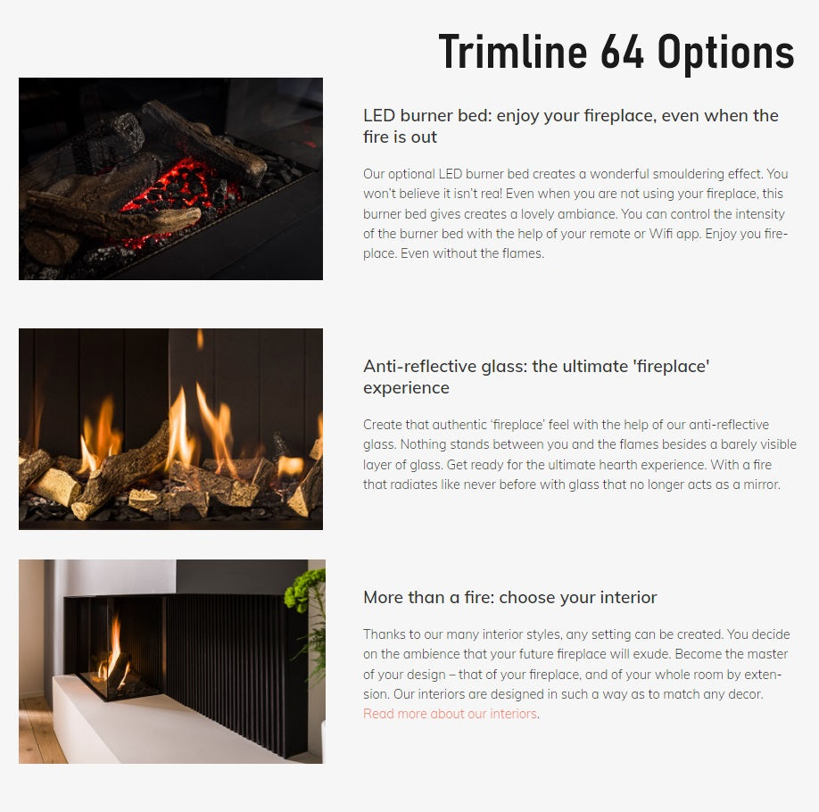 Trimline TL83-1 Front Facing Balanced Flue Gas Fire with Burning Log ,Black Glass Liners.