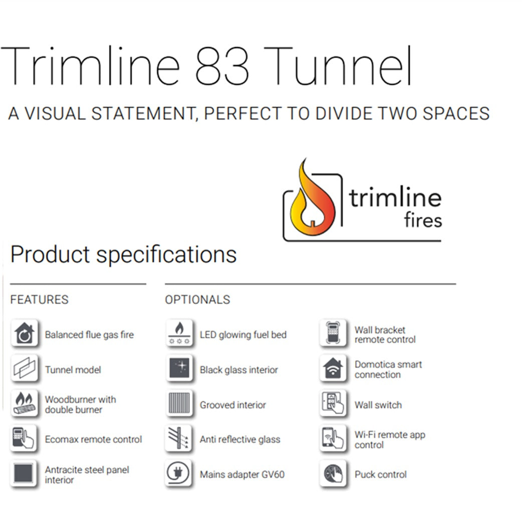 Trimline TL83-2T 2 Sided Tunnel Gas Fire Balanced Flue ,Burning Logs ,Black Glass Liners.