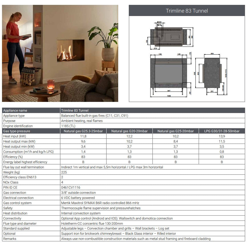Trimline TL83-2T 2 Sided Tunnel Gas Fire Balanced Flue ,Burning Logs ,Black Glass Liners.