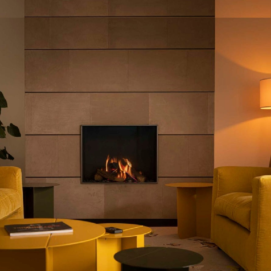 Trimline TL83-1 Front Facing Balanced Flue Gas Fire with Burning Log ,Black Glass Liners.