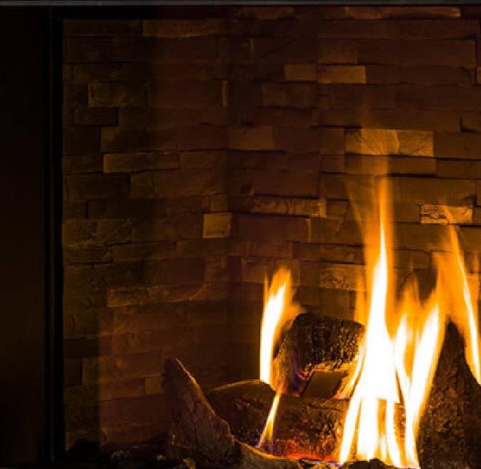 Trimline TL83-1 Front Facing Balanced Flue Gas Fire with Burning Log ,Black Glass Liners.