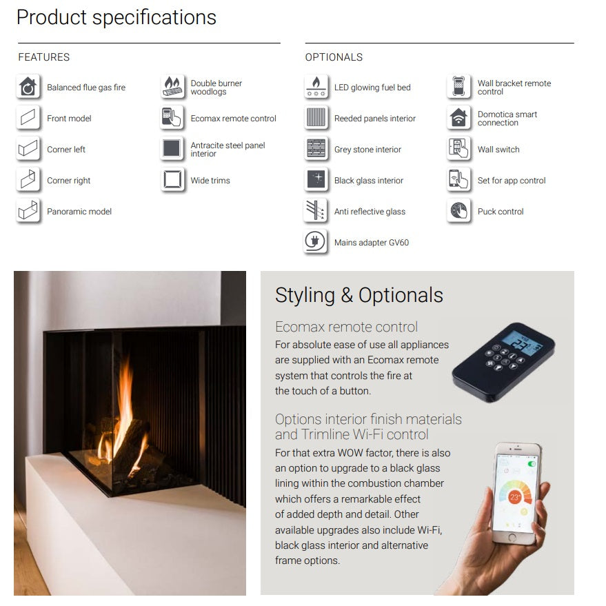 Trimline TL2050-4 On The Corner 4 Sided Gas Fire Balanced Flue,Flat Bed Logs ,Antracite Liners.
