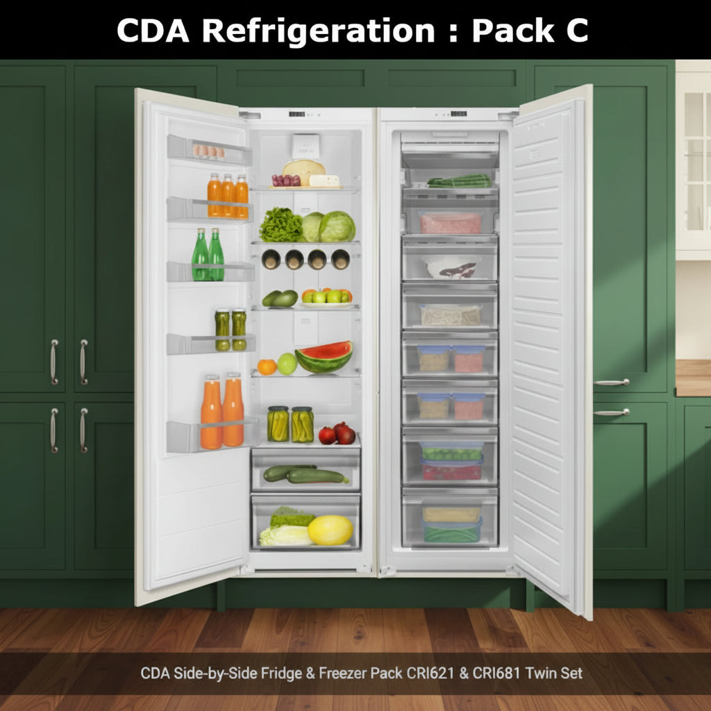 A CDA white side-by-side Integrated full larder refrigerator shown with full frost free full freezer, shown with both doors open, stocked with food and beverages. The left door contains shelves with orange bottles, green drinks, and produce, while the right door features a vertical freezer compartment with clear storage drawers containing frozen items 