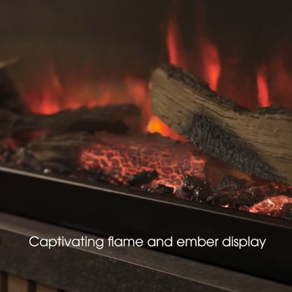 Close-up of a fireplace or stove with glowing embers, realistic logs, and bright orange-red flame effects. White text at the bottom reads 'Captivating flame and ember display' from the Atmos Fire FX Versa Range 