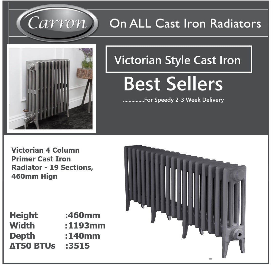 Victorian Cast Iron Radiator–4 Column 19 Section,460 High by W1193 by D140mm, (Primed Grey)
