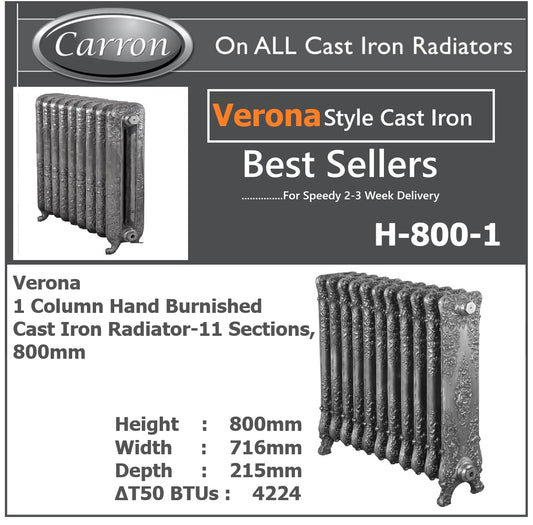 VERONA Brushed Cast Iron Radiator–1 Column 11 Section,800 High by W716 by D215mm. Brushed Steel