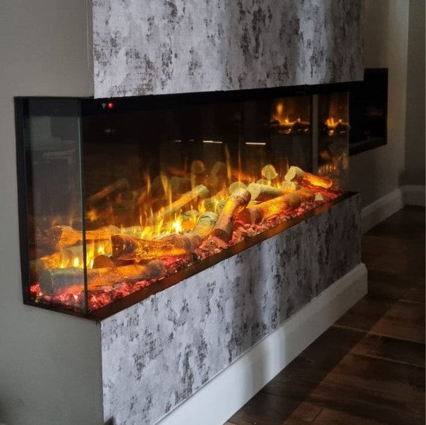 Modern Flamore PR1500 electric feature wall fireplace with marble-like design on a wall.