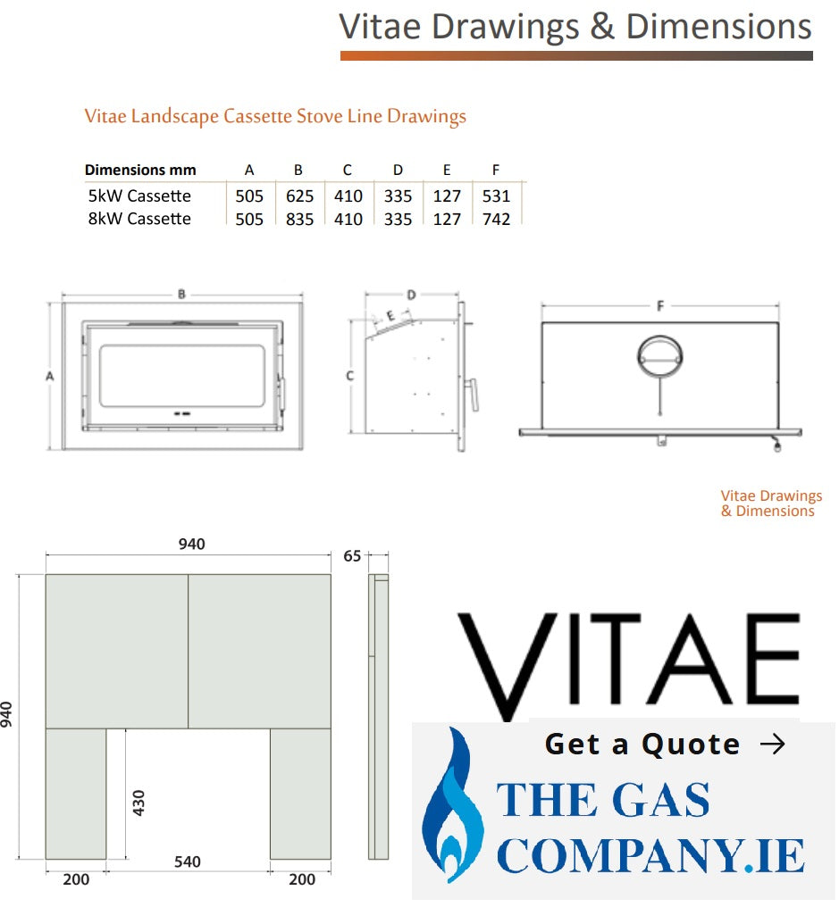 Vitae 5kw Landscape Glass Door Solid Fuel Wood Burner Inset Stove & Flue Bundle (9m Flue Kit)