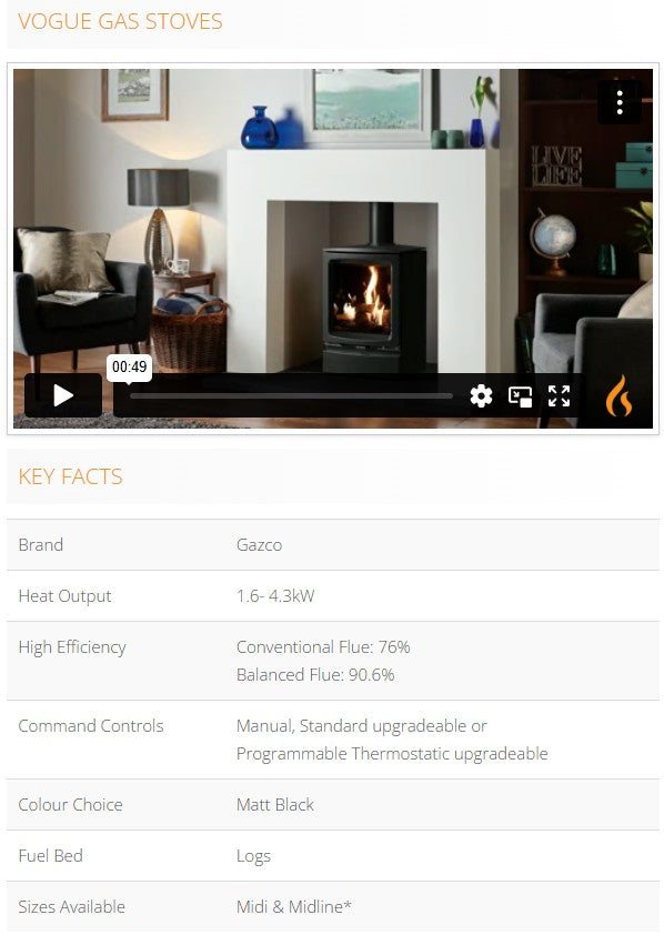 Vogue gas stoves product page with fireplace and key facts displayed.