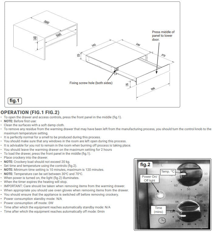 Nero 140 Black Glass Integrated Warming Drawer 60cm-(H x W x D)14.5cm x 56cm x 54.5cm