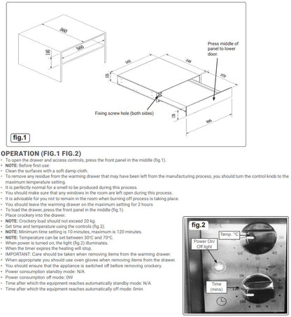 Nero 140 Black Glass Integrated Warming Drawer 60cm-(H x W x D)14.5cm x 56cm x 54.5cm
