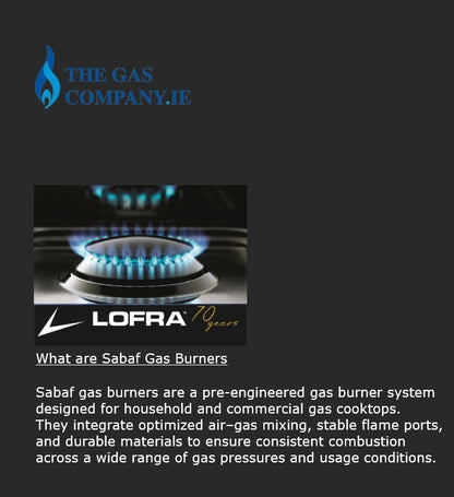 Graphic for Lofra Sabaf gas burners, featuring a blue flame burner close-up, the Lofra logo, and explanatory text about Sabaf gas burners for household and commercial cooktops. The Lofra brand is visible on the burner image, while The Gas Company.